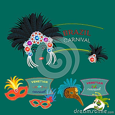 Carnival Italy and Brazil web banner masks celebration festive carnaval masquerade background festival flyer vector Vector Illustration