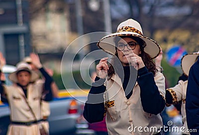 2020 carnival in Italy, parade of allegorical floats in the Venetian municipality of ScorzÄ—. masked women dancing. Editorial Stock Photo