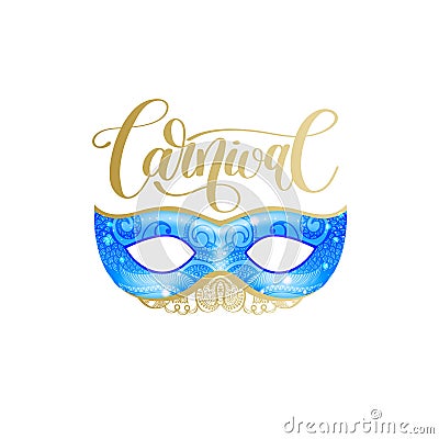 Carnival lettering logo design with mask and hand written word Vector Illustration