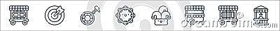 carnival line icons. linear set. quality vector line set such as claw machine, cage, kiosk, jester, tambourine, unicycle, dart Vector Illustration