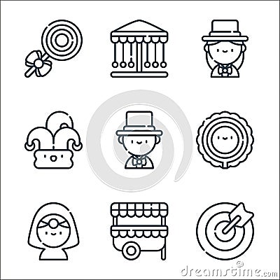 carnival line icons. linear set. quality vector line set such as dart, kiosk, fortune teller, ring of fire, showman, jester, Vector Illustration