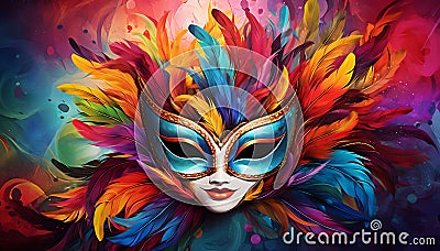Carnival mask with bright feathers on a colored blurred background Stock Photo