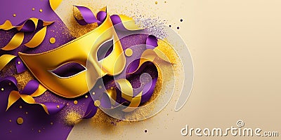 Carnival mask with colorful confetti and streamers. Carnival background Stock Photo
