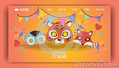 Carnival mask landing page vector illustration. Amusement festive art entertainment card. Festival circus banner or Vector Illustration