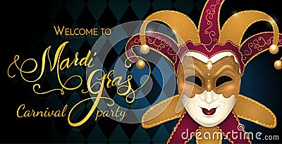 Carnival mask with shiny glitter texture. Bokeh lights and fireworks background. Invitation card template. Vector Illustration