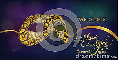 Carnival mask with shiny glitter texture. Bokeh lights and fireworks background. Invitation card template. Vector Illustration