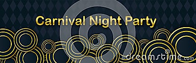 Carnival Night Party banner with gold Lettering. Masquerade Masks on a black backdrop. Mardi Gras invitation card Vector Illustration