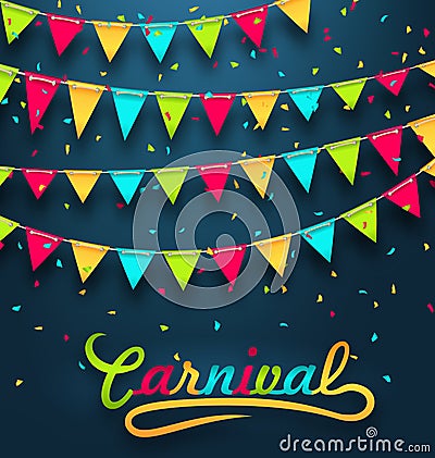 Carnival Party Dark Background with Colorful Bunting Flags Vector Illustration