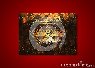 Carnival Party, Luxury Golden Carnival Mask, Masquerade, Mardi Gras. Carnival gold leaf lettering design, Night Party Poster Vector Illustration