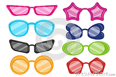Carnival party masquerade costume glasses heart star cat eye shaped funny sunglasses realistic set. Set of doodle style sunglasses Vector Illustration