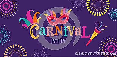 Carnival, party, Rio Carnaval, Purim background with confetti, music instruments, masks, clown hat and fireworks. Vector Vector Illustration