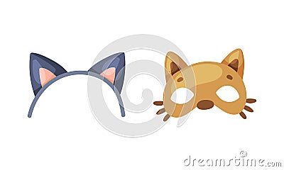 Carnival photo booth party objects set. Cat ears headband and dog mask cartoon vector illustration Vector Illustration