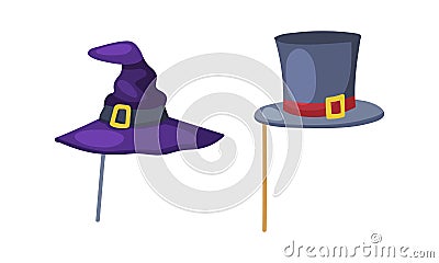 Carnival photo booth party objects set. Witch hat and top hat cartoon vector illustration Vector Illustration