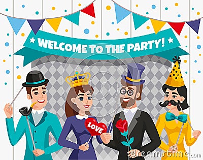 Carnival Photo Booth Party People Composition Vector Illustration