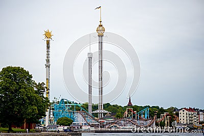 Carnival rides in Grona Lund Amusement Park in Stockholm, Sweden Editorial Stock Photo