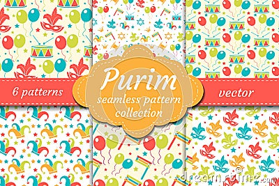 Carnival seamless pattern set. Collection Purim background. Holiday, masquerade, festival, birthday party. Endless Vector Illustration