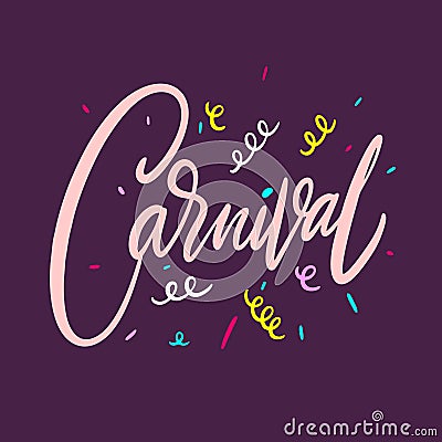 Carnival sign. Hand drawn vector lettering for Brasil carnaval, Mardi Gras. Isolated on purple background Stock Photo