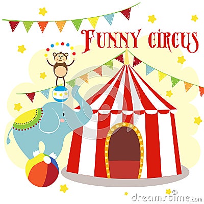 Carnival with striped tents, cheerful circus, elephant, lion and monkey. Vector Illustration