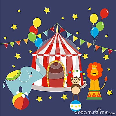 Carnival with striped tents, cheerful circus, elephant, lion and monkey. Vector Illustration