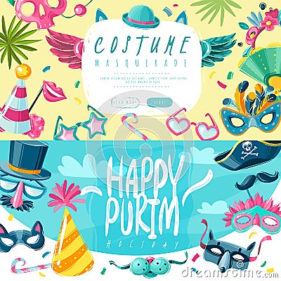 Carnival things horizontal banners set.set of two horizontal banners on the carnival theme with shadows on white Vector Illustration