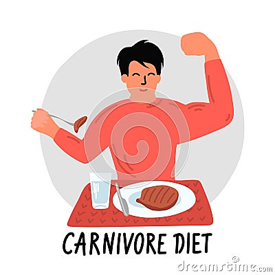 Carnivore diet. Man eating meat. Vector Illustration