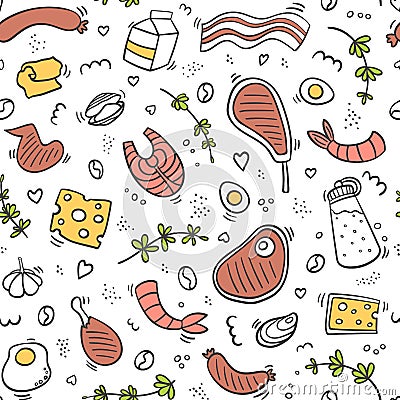 Carnivore diet seamless pattern. Food pattern with pork, meat, shrimp, egg, cheese, sausage, fish, steak, rosemary. Healthy food. Vector Illustration