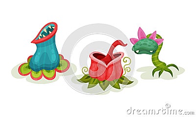Carnivore Plants or Monster Flowers as Fantastic Flora Vector Set Vector Illustration