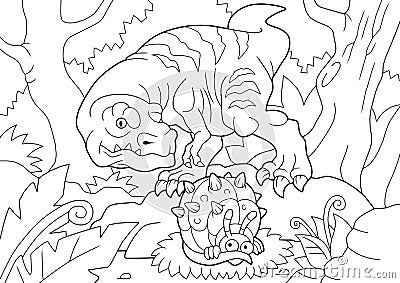 Carnivorous dinosaur tyrannosaurus, went hunting, coloring book, funny illustration Vector Illustration