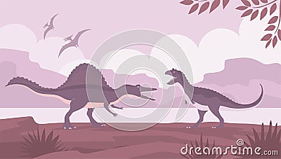 Carnivorous lizard carnotaurus against spinosaurus on the background of a prehistoric landscape Vector Illustration