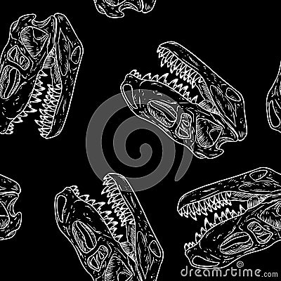Carnivorous reptile dinosaur fossils seamless pattern on blackboard. Trex fossilized skull chalkboard wallpaper. Vector texture Vector Illustration