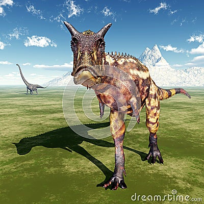 Carnotaurus and Mamenchisaurus Cartoon Illustration