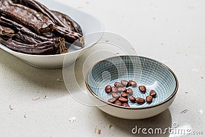 Carob Seeds and Pods Carats / Locust Beans Ready to Use Stock Photo