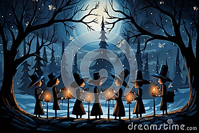 Carolers by Lamplight - Generative AI Cartoon Illustration