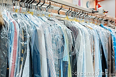 Carousel of clothing waiting for pick-up in dry cleaning shop Stock Photo