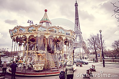 carousel of the Eiffel Tower in Paris Editorial Stock Photo