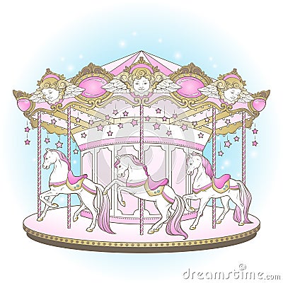 Carousel cute merry go round with horses design for kids in pastel colors hand drawn vector illustration Vector Illustration