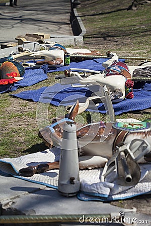 Carousel Ride Animals Laying on Ground for Fixing and Cleaning Stock Photo