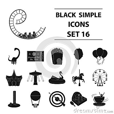 Carousel, shooting range, slides, cotton wool and other attributes.Amusement Park set collection icons in black style Vector Illustration