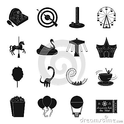 Carousel, shooting range, slides, cotton wool and other attributes.Amusement Park set collection icons in black style Vector Illustration