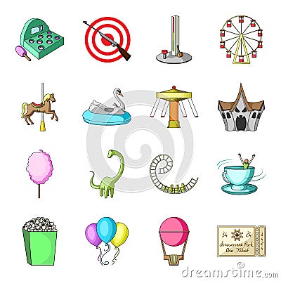 Carousel, shooting range, slides, cotton wool and other attributes.Amusement Park set collection icons in cartoon style Vector Illustration