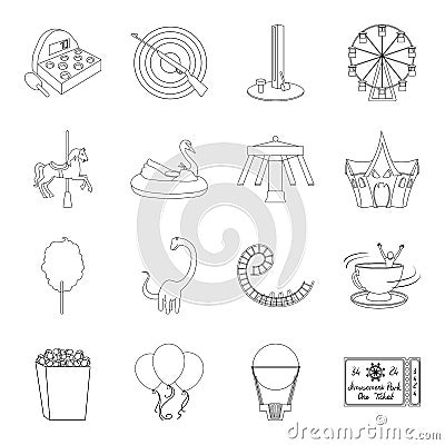 Carousel, shooting range, slides, cotton wool and other attributes.Amusement Park set collection icons in line style Vector Illustration