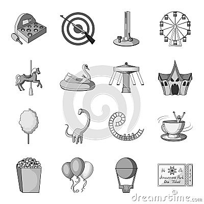 Carousel, shooting range, slides, cotton wool and other attributes.Amusement Park set collection icons in monochrome Vector Illustration