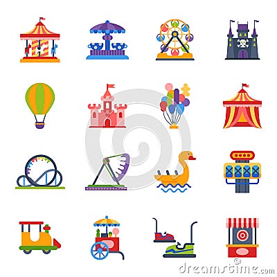 Carousels amusement attraction park side-show kids outdoor entertainment construction vector illustration. Vector Illustration