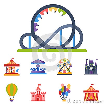 Carousels amusement attraction park side-show kids outdoor entertainment construction vector illustration. Vector Illustration