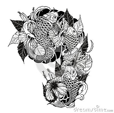 Carp fish and chrysanthemum tattoo by hand drawing. Vector Illustration