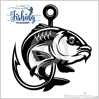 Carp fish. Fishing club sign or emblem. Fisherman sport adventure badge with vector logo. Vector Illustration