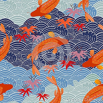 Carp, red fish, goldfish. Traditional eastern seamless pattern. Waves pattern. Vector. Vector Illustration