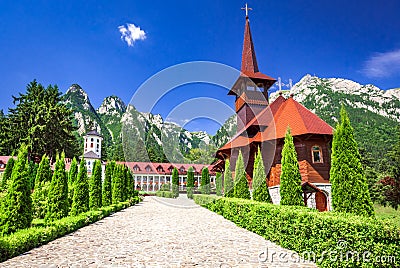 Carpathian Mountains, Busteni, Caraiman mt. and Monastery Stock Photo