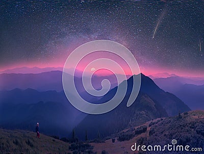 Carpathians, the moon and stars on the background Stock Photo