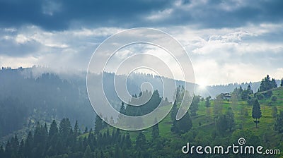 Carpatian valley with green hills and misty horizon Stock Photo